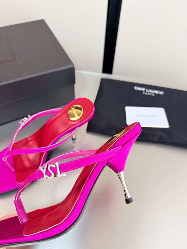 YSL Metal Heel 75mm with Side Rhinestone Buckle Logo Pink in Silk 784726