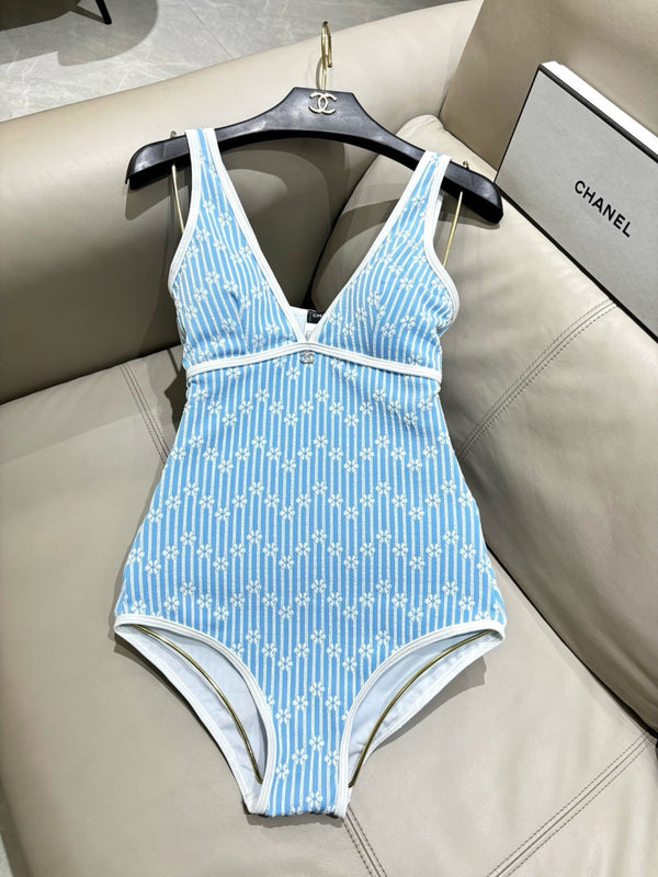 CC Striped Floral One-Piece Swimsuit in Blue White 289860
