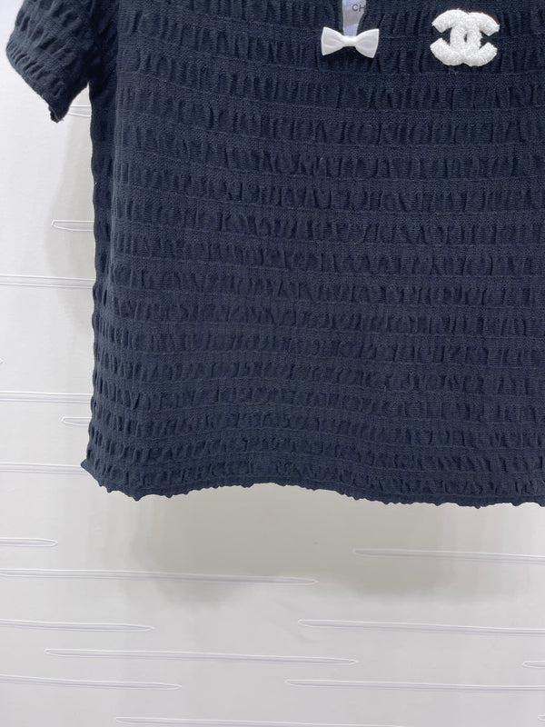 CC Bow-Tie Round Neck Knit Short-Sleeve Dress Set Navy Blue in Viscose 387004