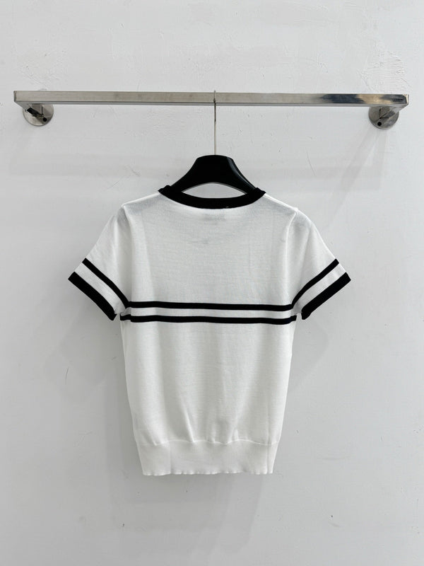 CC 2026 Striped Short-Sleeve Knit Top Wool Cashmere 516694