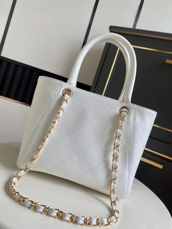 CC Tote Bag 25cm White Caviar Cowhide
