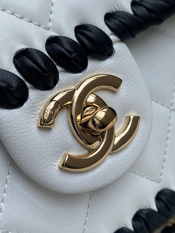 CC Flap Bag 15cm White Lambskin with Black Braided Trim