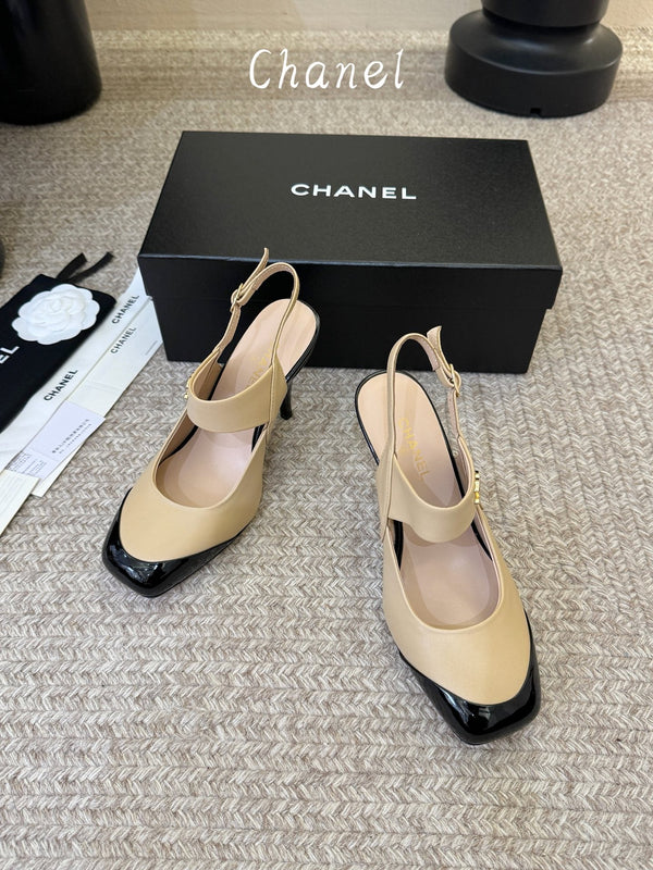 CC 26S Square-Toe Mary Jane Slingback Pumps Beige Black Lambskin 835675