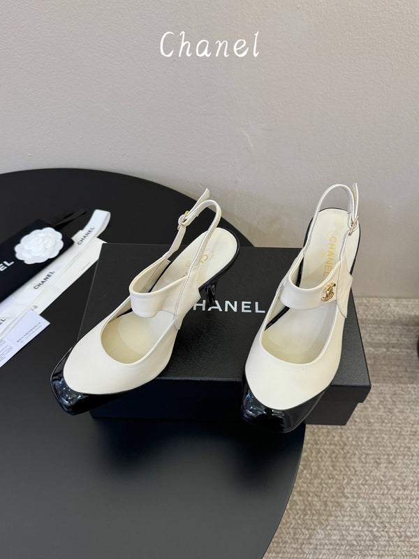CC 26S Square-Toe Mary Jane Slingback Pumps White Black Lambskin 835674
