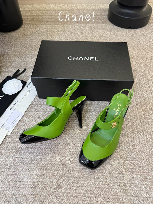 CC 26S Square-Toe Mary Jane Slingback Pumps Black Green Lambskin 835672