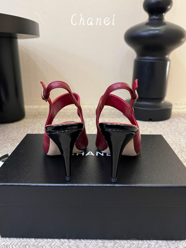 CC 26S Square-Toe Mary Jane Slingback Pumps Black Burgundy Lambskin 835671
