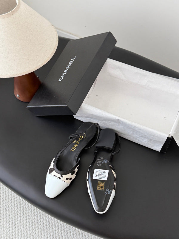 CC Slingback Flats Cream Black Spotted Calfskin 840028
