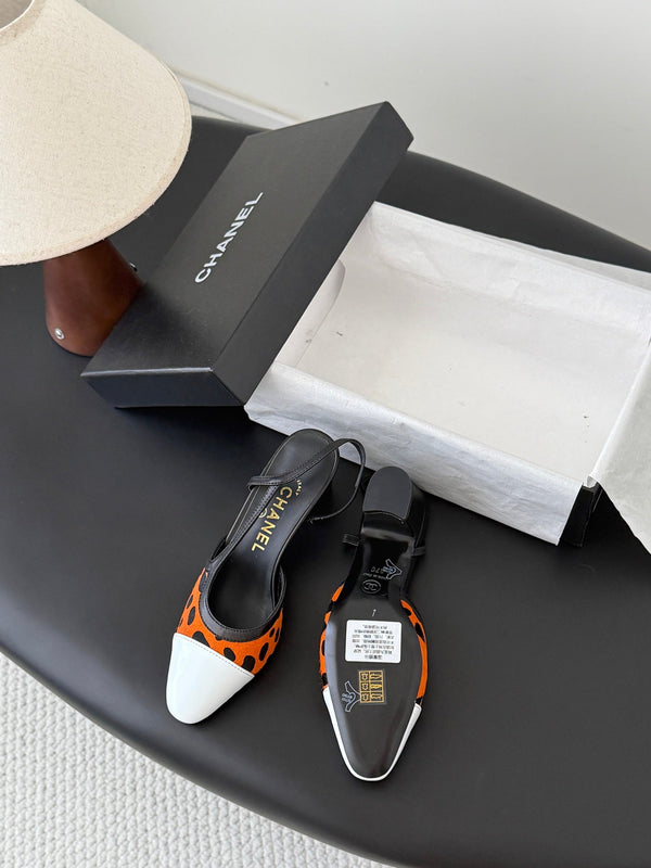 CC Slingback Pums Orange Black Spotted Calfskin 840020