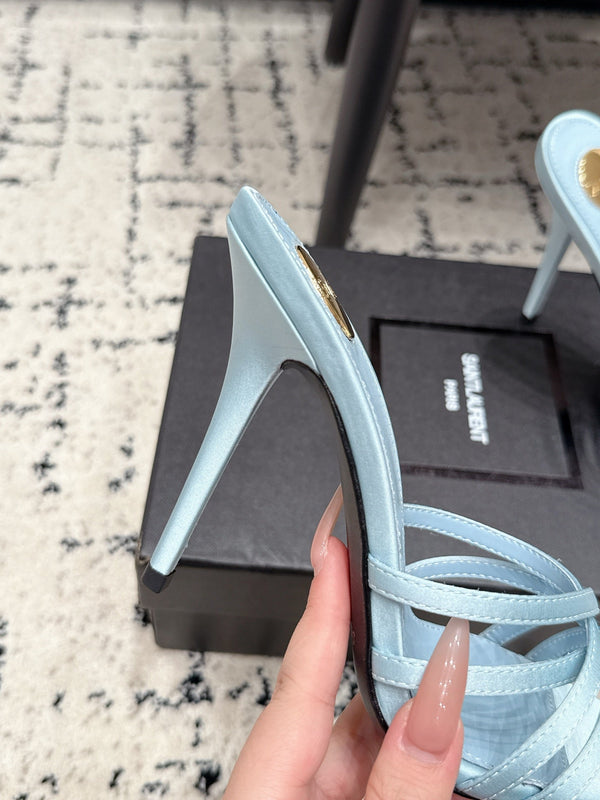 YSL Kirat Cross-Strap Stiletto Mules 10.5cm Blue Cowhide Leather 847151