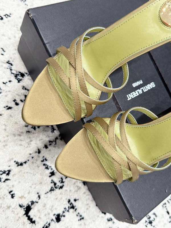 YSL Kirat Cross-Strap Stiletto Mules 10.5cm Light Olive Cowhide Leather 847147