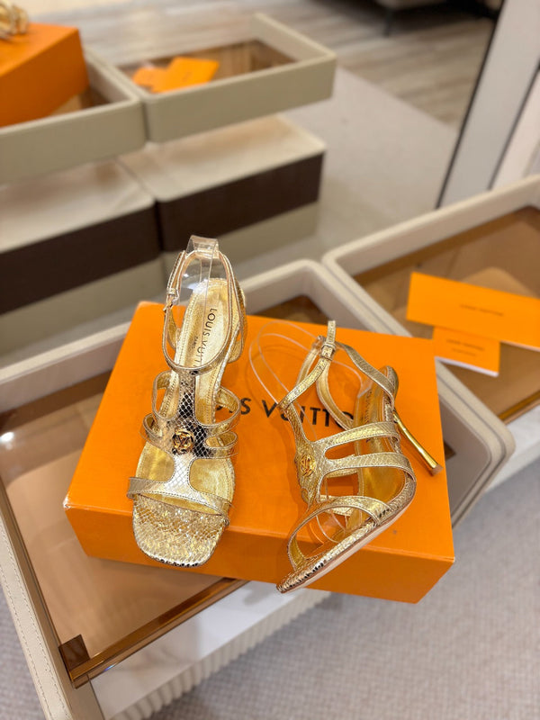 LV Isola Sandals 9.5cm Gold Metallic Calfskin Leather 844399