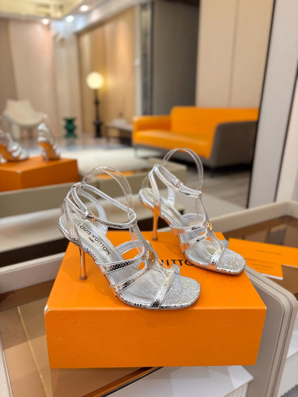 LV Isola Sandals 9.5cm Silver Metallic Calfskin Leather 844398