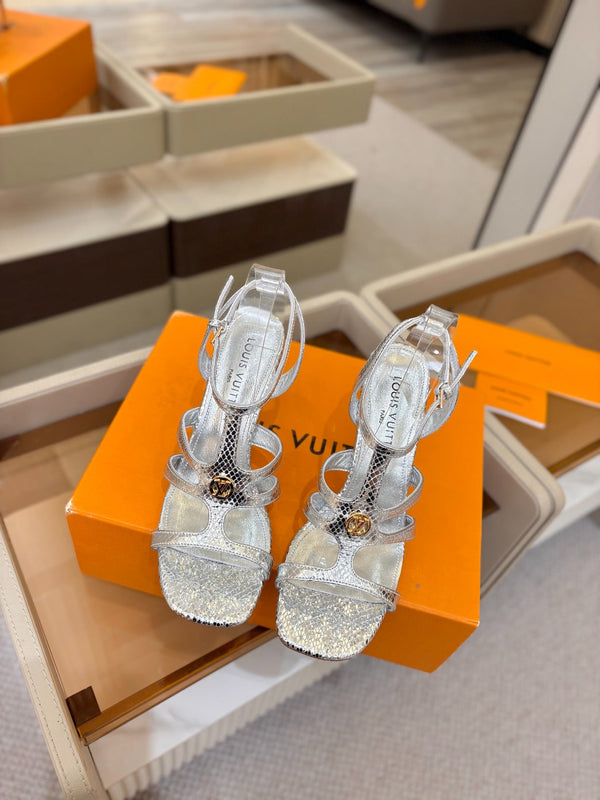 LV Isola Sandals 9.5cm Silver Metallic Calfskin Leather 844398