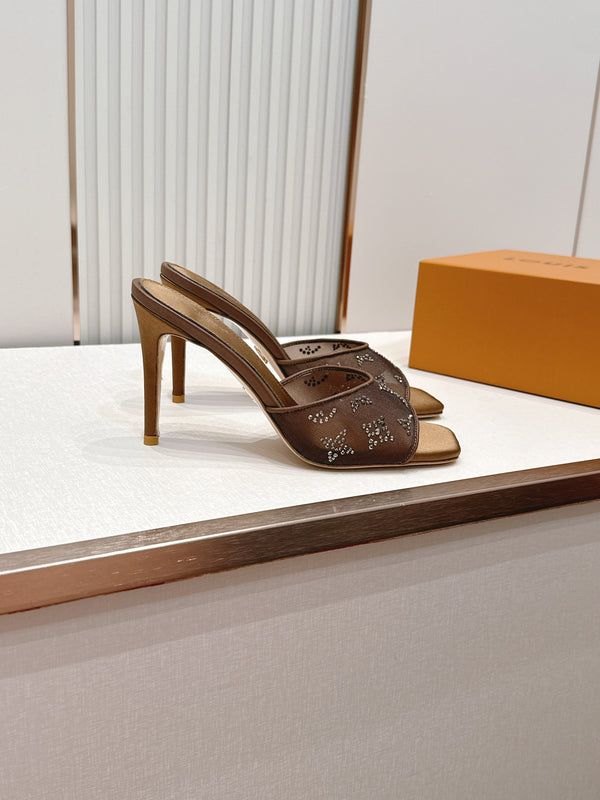 LV Gala Mules 9.5cm Brown Rhinestone Mesh 844227