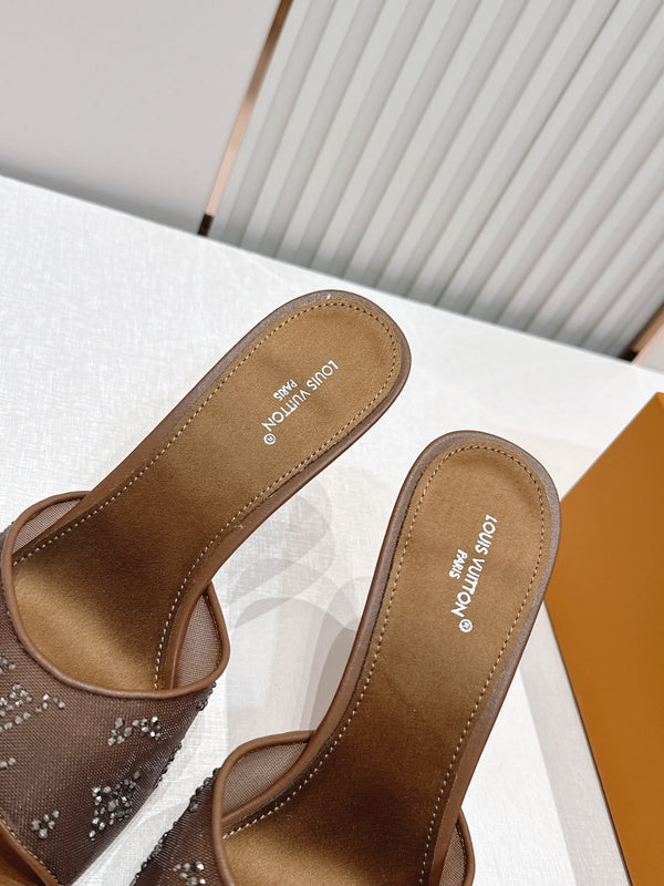LV Gala Mules 9.5cm Brown Rhinestone Mesh 844227
