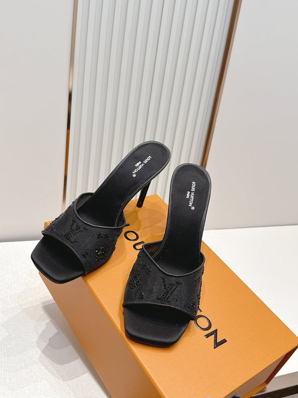 LV Gala Mules 9.5cm Black Rhinestone Mesh 844225