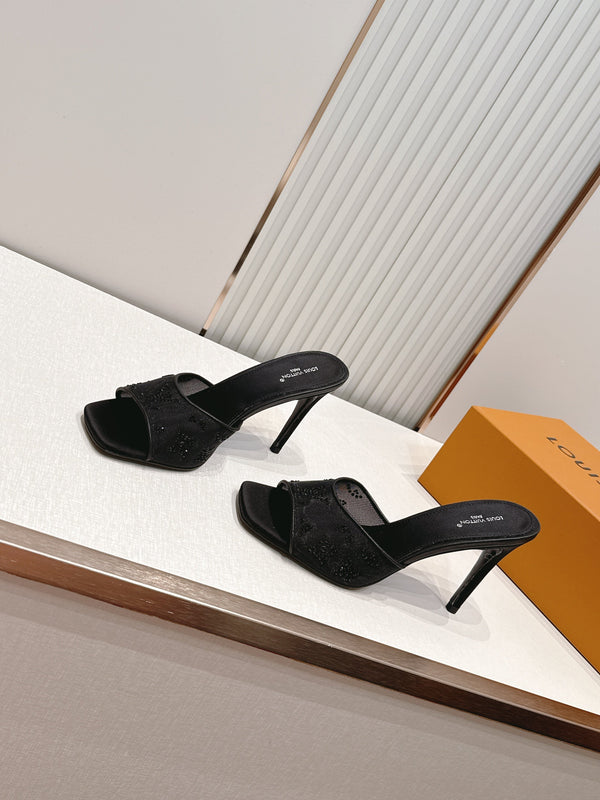 LV Gala Mules 9.5cm Black Rhinestone Mesh 844225