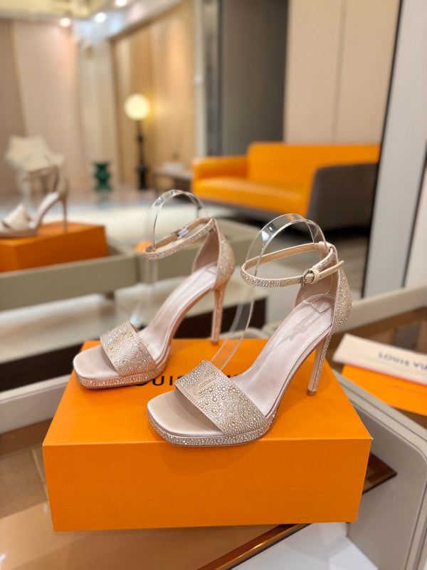 LV Sandals 11cm Begie Silk Rhinestone 844394