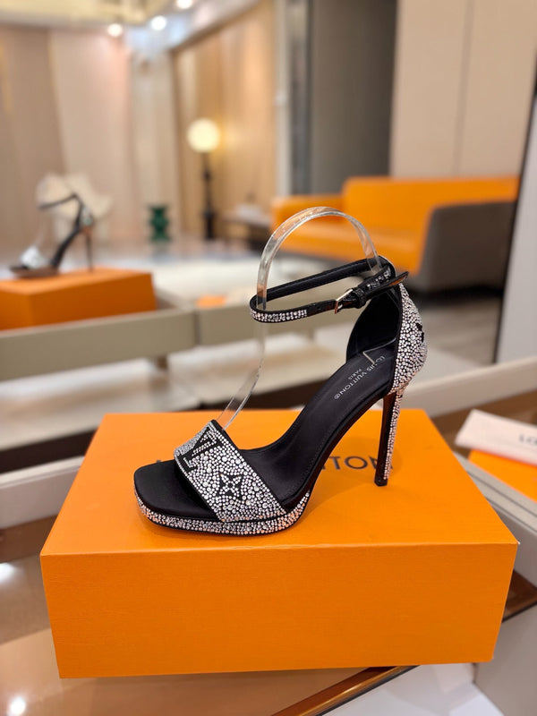 LV Sandals 11cm Black Silk Rhinestone 844393