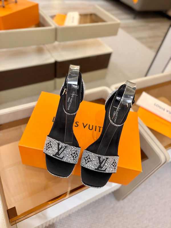 LV Sandals 11cm Black Silk Rhinestone 844393
