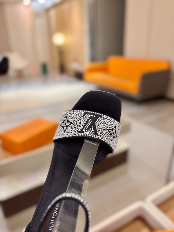 LV Sandals 11cm Black Silk Rhinestone 844393