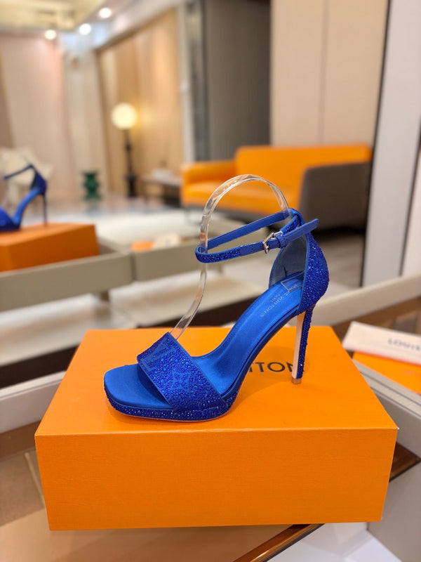LV Sandals 11cm Blue Silk Rhinestone 844392