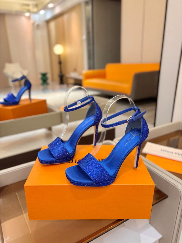 LV Sandals 11cm Blue Silk Rhinestone 844392