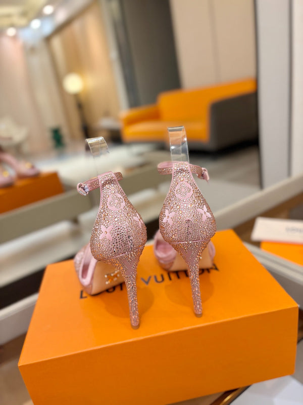 LV Sandals 11cm Pink Silk Rhinestone 844390