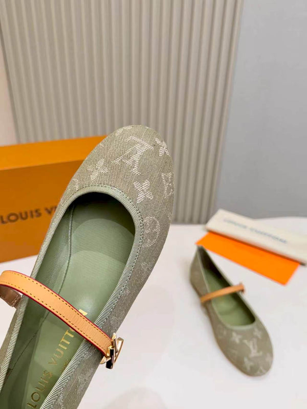 LV Monogram Kitten Ballet Flats Olive Canvas Leather 840353