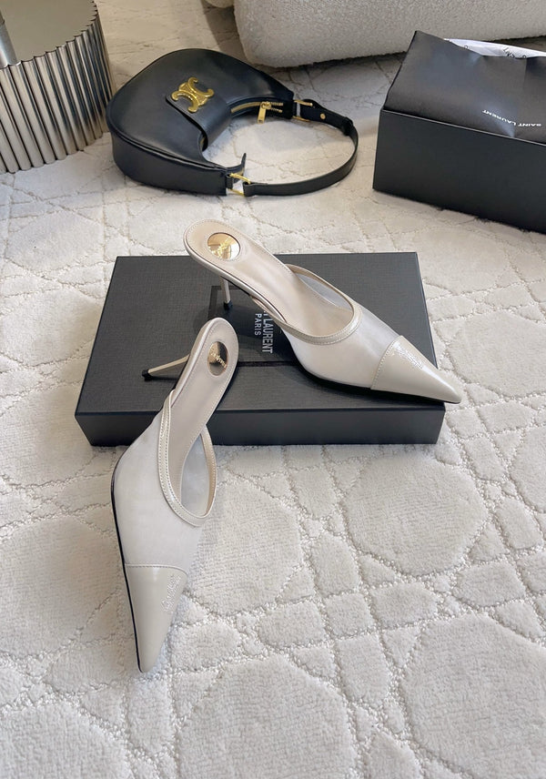 YSL Pointed-Toe Mesh Mule 75mm Ivory Cowhide & Mesh 851895