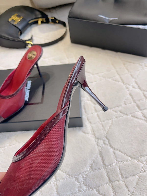 YSL Pointed-Toe Mesh Mule 75mm Burgundy Cowhide & Mesh 851893