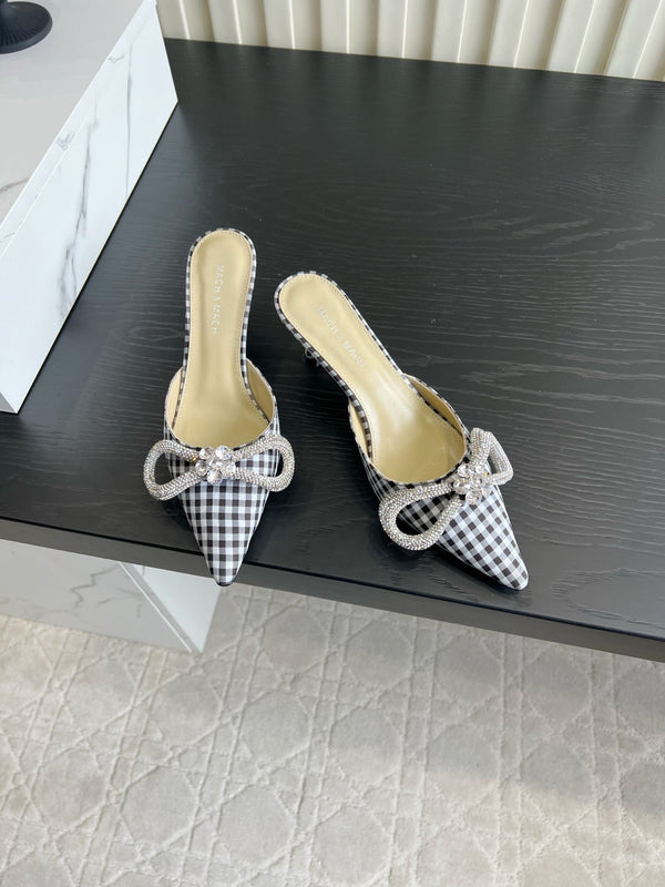 Mach Gingham Bow Slingback Pumps Black White Fabric 851908