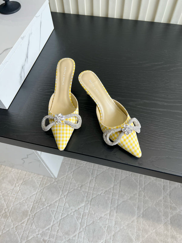 Mach Gingham Bow Slingback Pumps Yellow White Fabric 851907