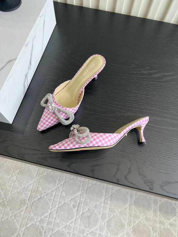 Mach Gingham Bow Slingback Pumps Pink White Fabric 851906