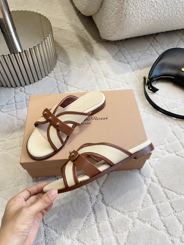 GR Paros Studded Flat Sandals Brown Cowhide & Fabric 851843