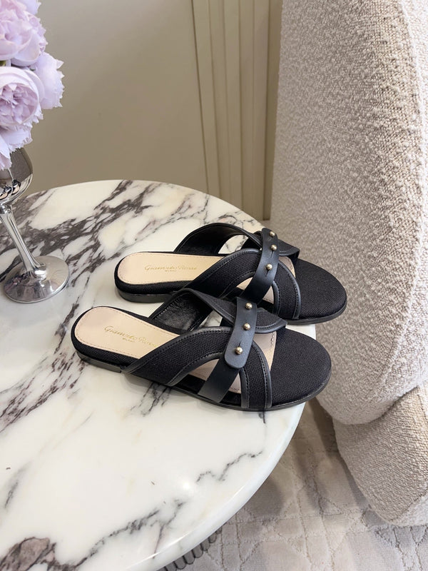 GR Paros Studded Flat Sandals Black Cowhide & Fabric 851842