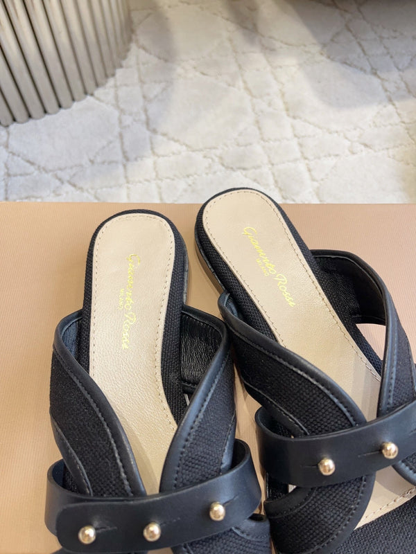 GR Paros Studded Flat Sandals Black Cowhide & Fabric 851842