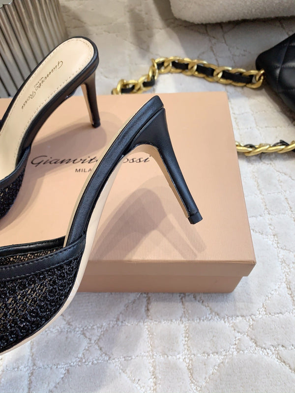 GR Pointed-Toe Mule Sandals 8.5cm Black Cowhide & Mesh 854881