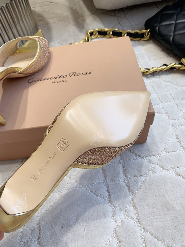 GR Pointed-Toe Mule Sandals 8.5cm Gold Metallic Cowhide & Mesh 854879