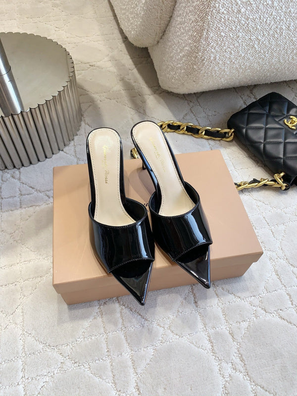 GR Pointed-Toe Mule Sandals 8.5cm Black Patent Cowhide 851874