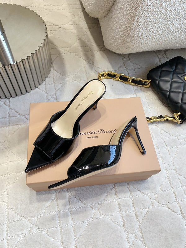 GR Pointed-Toe Mule Sandals 8.5cm Black Patent Cowhide 851874