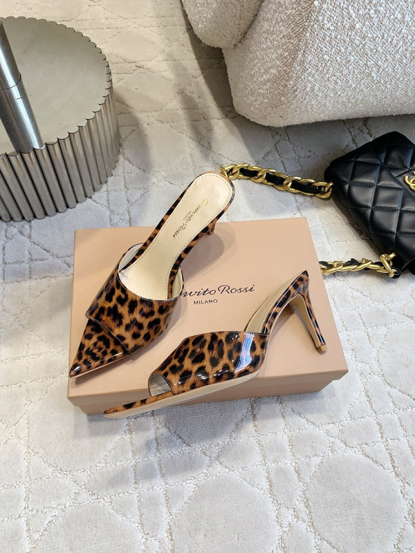 GR Leopard Print Pointed-Toe Mules 8.5cm Brown Patent Cowhide 851870