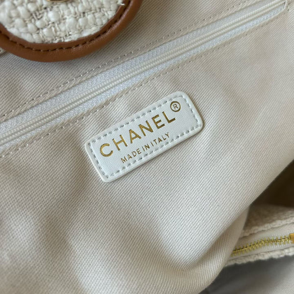 CC Deauville Tote Bag White Brown Canvas & Calfskin