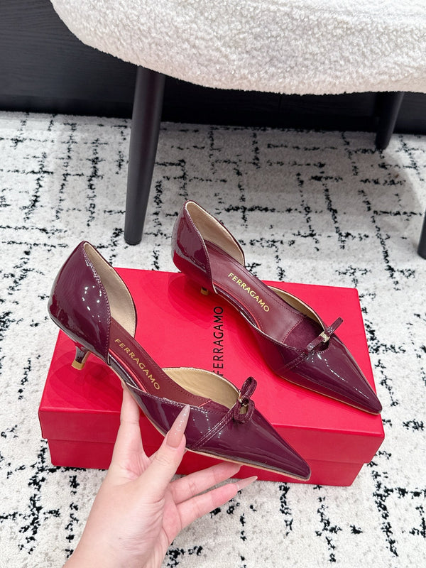 FG Gyoia Bow Pointed Toe Pumps 3.5cm Burgundy Patent Leather 848407