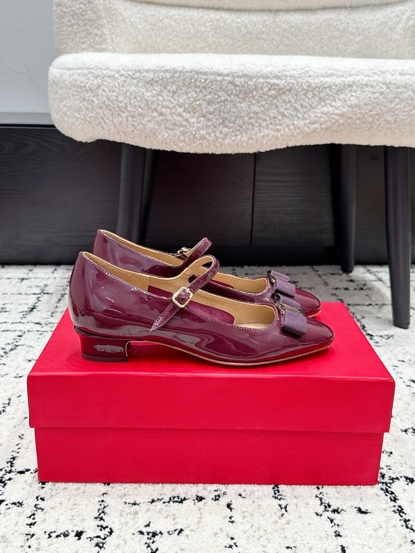 FG Vara Bow Round Toe Mary Jane Pumps 3.5cm Burgundy Patent Leather 458403
