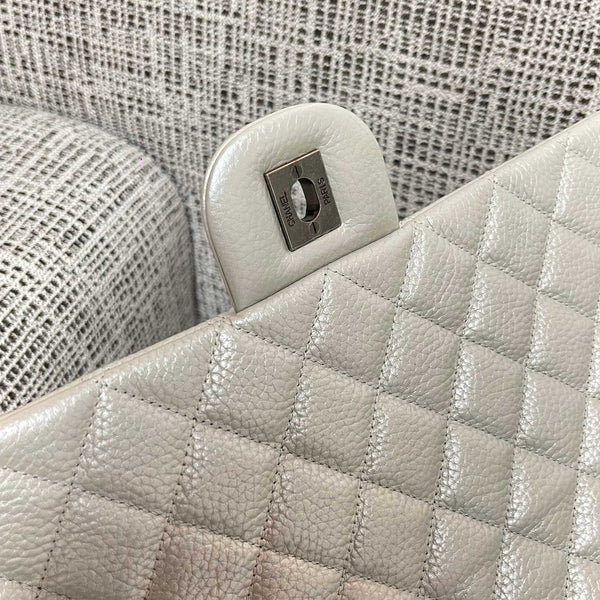 CC Classic Flap Bag 46.5cm Pearl White Caviar Calfskin Leather SHW