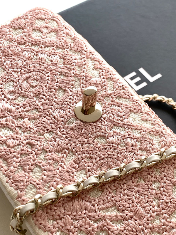 CC 26P Crochet Flap Bag Chain Strap 21cm Pink Tweed 292262