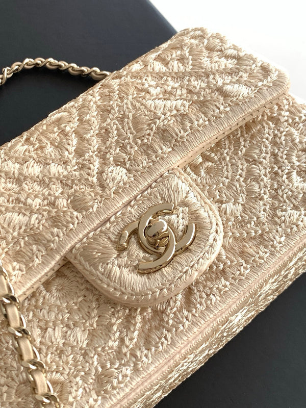 CC 26P Crochet Flap Bag Chain Strap 21cm White Tweed 292264