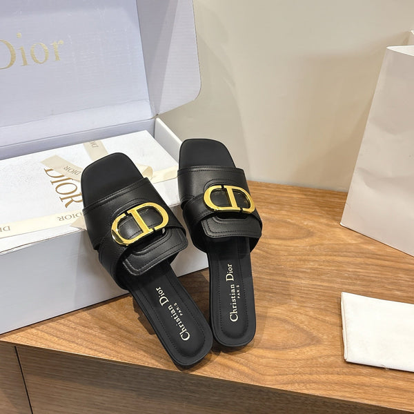 CD Montaigne Slides Buckle Black Calfskin Leather 862374