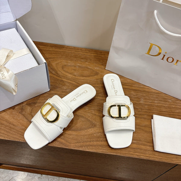CD Montaigne Slides Buckle White Calfskin Leather 862367